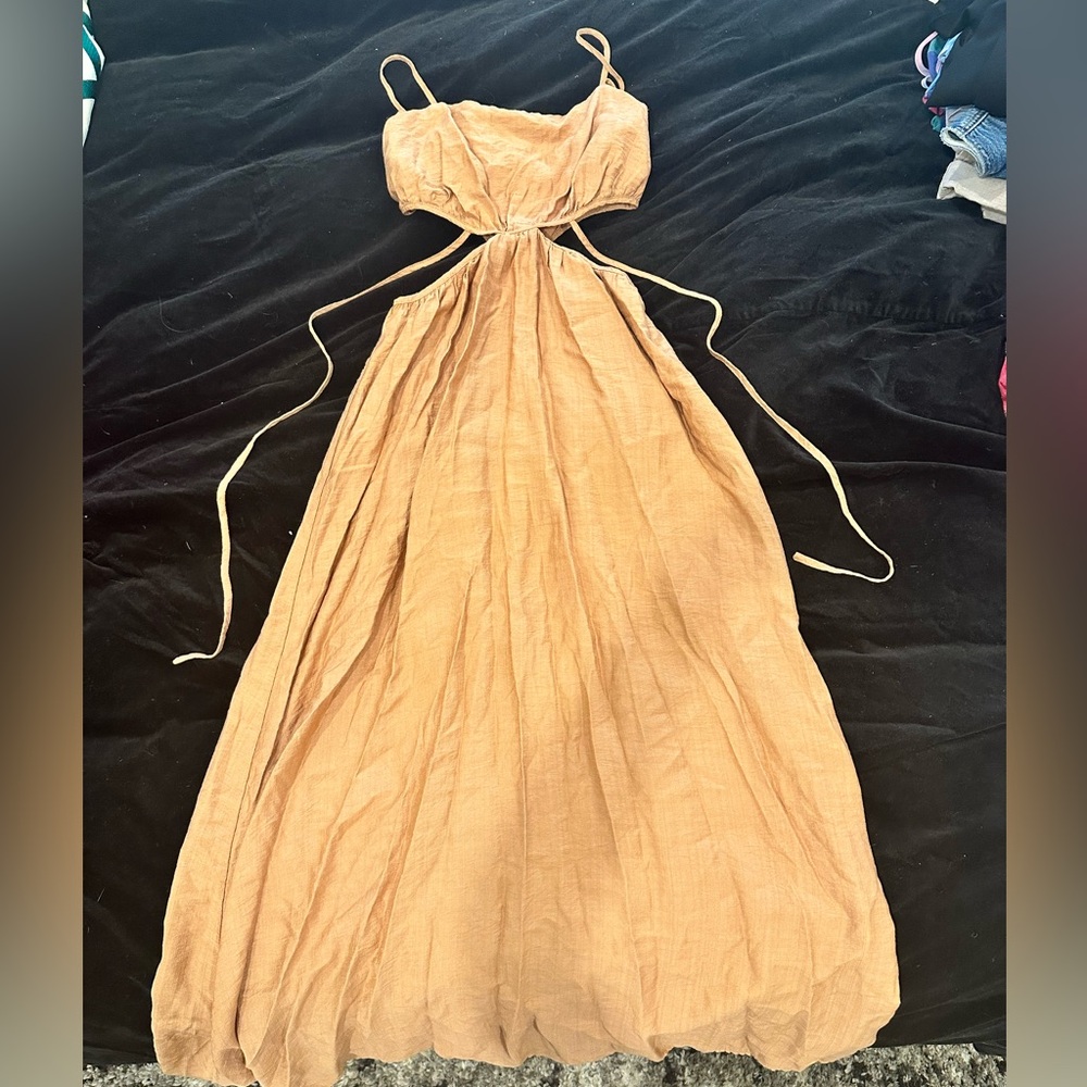 Moon River Dress, side cut, tie back dress, tan, size S